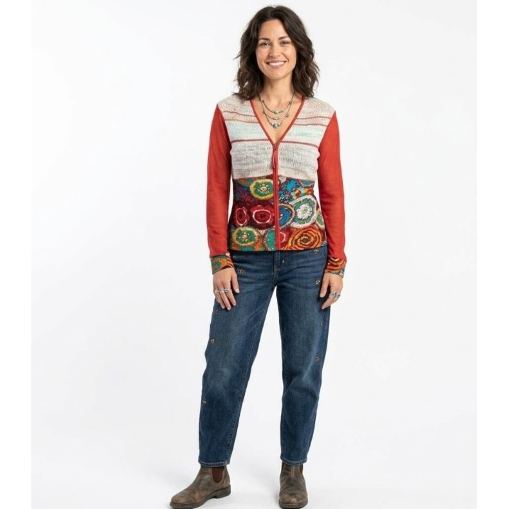 Kaktus XL Red Colorful Full Zip Knit Art to Wear Boho Jacket Festival